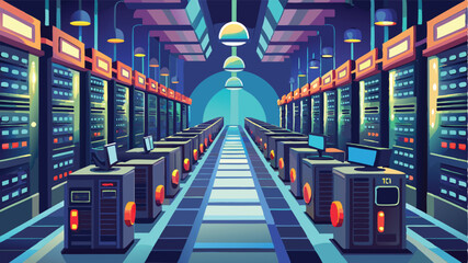 Poster - Rows of server racks in a data center create a vibrant, high-tech environment in a digital world of connectivity and information exchange
