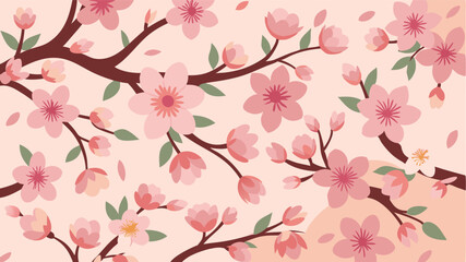 Fototapete - Pink cherry blossom vector illustration showcasing delicate flowers on branches against a light background