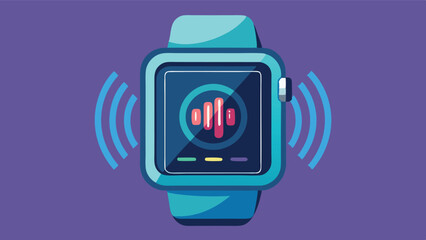 Poster - Smartwatch displaying music visualization with sound waves on a vibrant purple background, showcasing modern technology and audio features in a sleek design