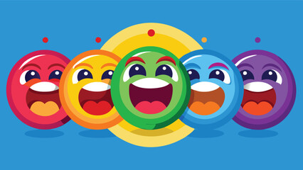 Poster - Colorful vector illustration of smiling emoticons expressing joy in a cheerful arrangement with vibrant background stripes