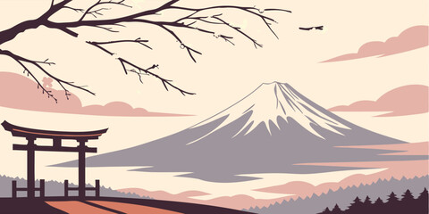 Aufkleber - Mount Fuji rises majestically against a pastel sky, framed by a traditional torii gate in a tranquil landscape during twilight hours