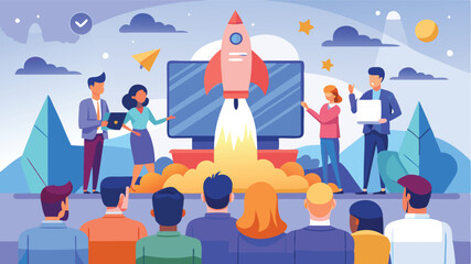 Poster - Team collaboration in a modern workspace with a rocket launch, showcasing growth and innovation through graphs and digital presentations