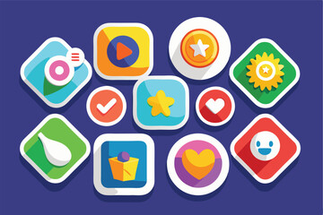 Aufkleber - Colorful vector illustration featuring playful icons and symbols on a bright yellow background, showcasing various shapes like stars, hearts, and characters in a vibrant design