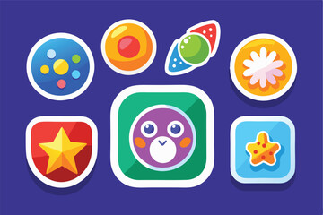 Aufkleber - Colorful vector illustration featuring playful icons and symbols on a bright yellow background, showcasing various shapes like stars, hearts, and characters in a vibrant design