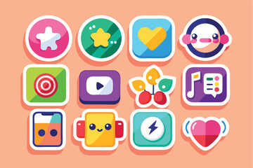 Aufkleber - Colorful vector illustration featuring playful icons and symbols on a bright yellow background, showcasing various shapes like stars, hearts, and characters in a vibrant design
