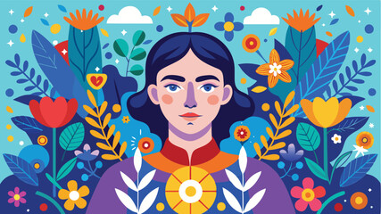 Poster - Colorful vector illustration of a woman surrounded by vibrant flowers and decorative elements in a cheerful and artistic style