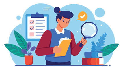 Poster - illustration of a woman examining documents with a magnifying glass in a modern office setting surro