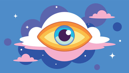 Poster - Vector illustration of a globe featuring a large eye surrounded by clouds on a bright blue background