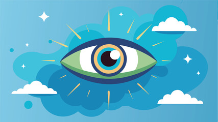 Poster - Vector illustration of a globe featuring a large eye surrounded by clouds on a bright blue background