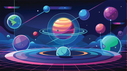 Wall Mural - Colorful vector illustration of planets in a futuristic galaxy with rings floating in a cosmic space background