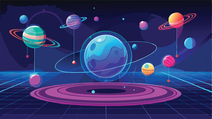 Wall Mural - Colorful vector illustration of planets in a futuristic galaxy with rings floating in a cosmic space background