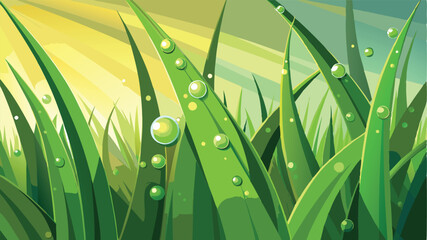 Aufkleber - Morning dew glistens on vibrant grass as the sun rises over the hills in a tranquil landscape illustration