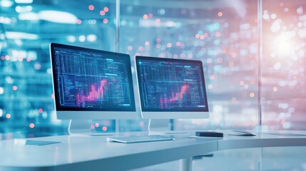 Aufkleber - modern office workspace with dual monitors displaying data analysis