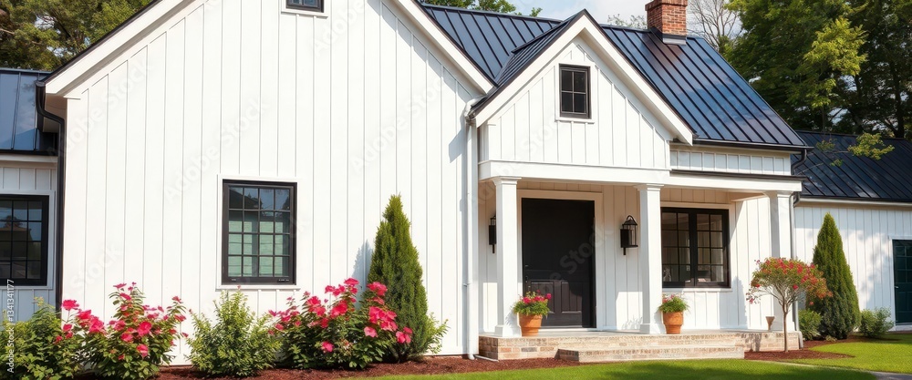 Crisp white vertical shiplap siding, black standing seam metal roof ...