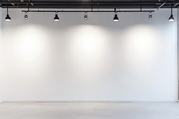 Aufkleber - Spacious gallery interior with a large blank white wall, industrial ceiling, and spotlights. Ideal for exhibitions, branding, presentations, or modern design backgrounds