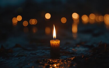 Aufkleber - A candle burning on the ground, with blurred lights in the background, creating an atmosphere of sad reflection and warmth.