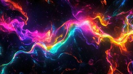 Poster - Abstract holographic liquid shape, glowing with vibrant neon colors on a deep black background for a futuristic touch.