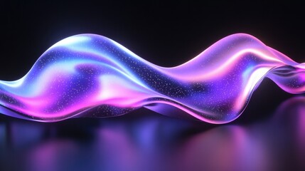Poster - Glowing holographic liquid shape with smooth gradient transitions, suspended on a black background in a sleek 3D render.