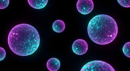Poster - Glowing orbs of neon light dance across a stark black canvas background