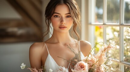 Fototapete - a woman stands inside a softly lit room, holding a bouquet of flowers. her serene expression and ele