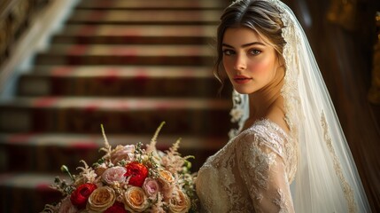 Poster - A stunning bride stands gracefully on an ornate staircase, holding an elegant bouquet of roses and greenery. The afternoon light enhances her features and the luxurious surroundings.