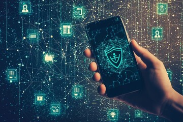 Poster - A hand holding a mobile phone represents the blockchain and bitcoin concept