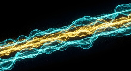Poster - Abstract Energy Streams: Turquoise and Gold Light Trails on Black Background