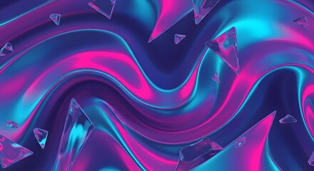 Poster - Dynamic holographic waves and geometric crystal shards digital artwork