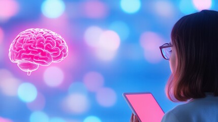 Poster - A person gazes at a glowing digital brain, symbolizing technology and intelligence against a colorful background.