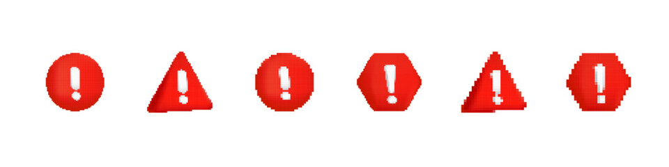 Poster - Red symbols with exclamation marks in circles, triangles, and pentagons convey alerts or warnings.