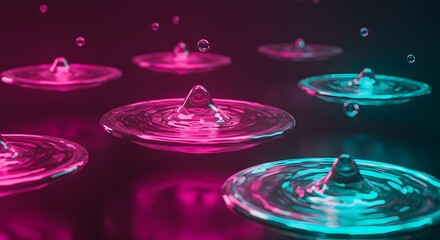 Poster - Abstract water droplets with pink and blue neon lighting effects