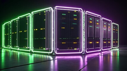 Poster - Futuristic Data Center with Neon Lights and High-Tech Server Racks in a Dark Environment, Creating a Modern Digital Aesthetic