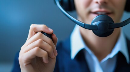 Poster - Person with Headset Speaking into Microphone in Office Environment