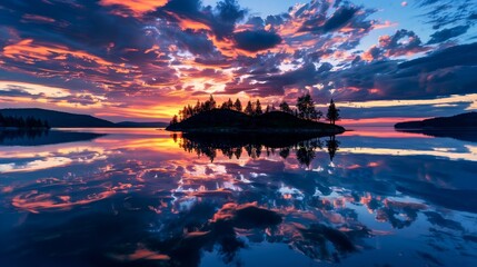Poster - Vibrant Aurora Reflections Over Serene Lake at Dusk with Colorful Clouds