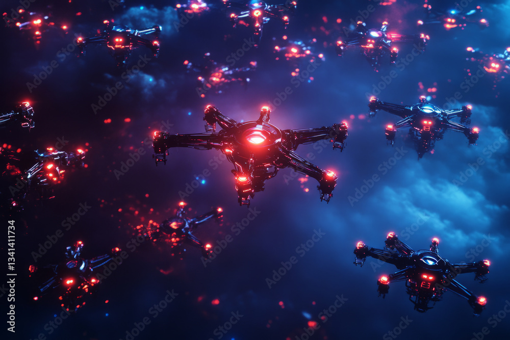 A cybernetic drone swarm forming a hexagonal grid in a dark sky ...