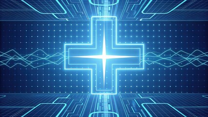 Leinwandbilder - Digital abstract design featuring a glowing cross on a blue grid background.