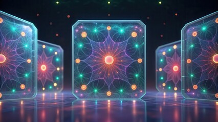 Aufkleber - Abstract illuminated squares with intricate patterns and vibrant lights in a dark setting.