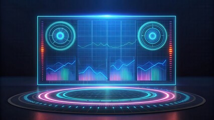 Leinwandbilder - Futuristic data visualization with glowing graphs and circular designs on a dark background.