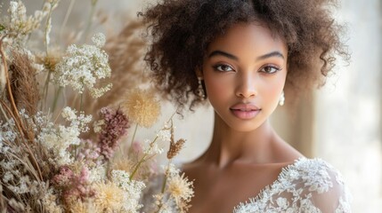 Poster - A woman with curly hair poses gracefully amidst an arrangement of dried flowers, radiating beauty in a softly lit environment. Her serene expression complements the delicate details of her outfit.
