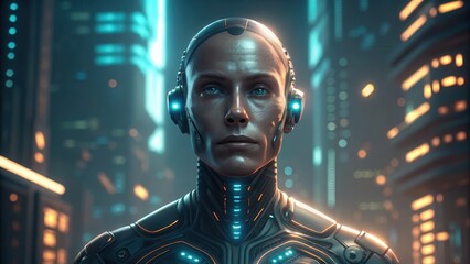Poster - Futuristic humanoid robot in a neon-lit cityscape, showcasing advanced technology and design.