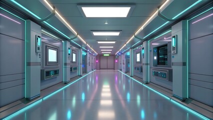 Poster - Futuristic hallway with glowing elements and sleek design.