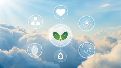 Leinwandbilder - Conceptual illustration of health, nature, and wellness with icons in a sky background.