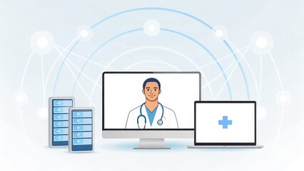 Fototapete - Digital healthcare concept featuring a doctor on screen with devices connected in a network.