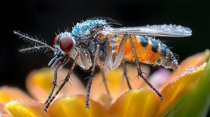 Wall Mural - Macro Shot of a Tiny Mosquito Resting on a Vibrant Flower Petal with Dew Drops