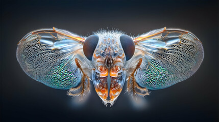 Wall Mural - Macro Shot of a Tiny Fly Showcasing Detailed Mouthparts and Colorful Features