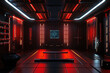 © AI_images_for_people - A high-tech cyber dojo 3D background room with interactive training holograms, sleek black-and-red interior design, and glowing neon katana racks. The space blends traditional martial arts with