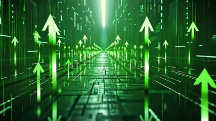 Poster - Futuristic Digital Landscape Glowing Green Arrows Symbolizing Growth, Progress, and Innovation in Technology with Dynamic and Modern Neon Green Light for Advancement