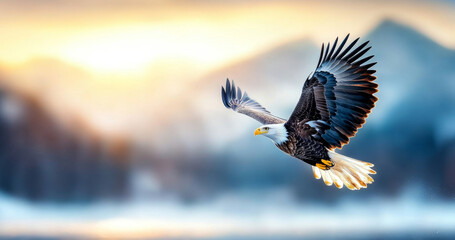 Aufkleber - A majestic bald eagle glides gracefully through the sky, illuminated by the soft glow of sunrise. Mountains rise in the background, creating a serene and breathtaking atmosphere.