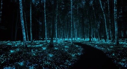Poster - A dark forest scene features a winding path illuminated by bioluminescent plants and trees, creating an ethereal, otherworldly atmosphere
