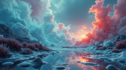 Poster - A surreal landscape depicts a narrow, reflective waterway flowing through a valley between rocky, snow-dusted terrain, leading towards a vibrant sunset framed by voluminous, pastel-colored clouds